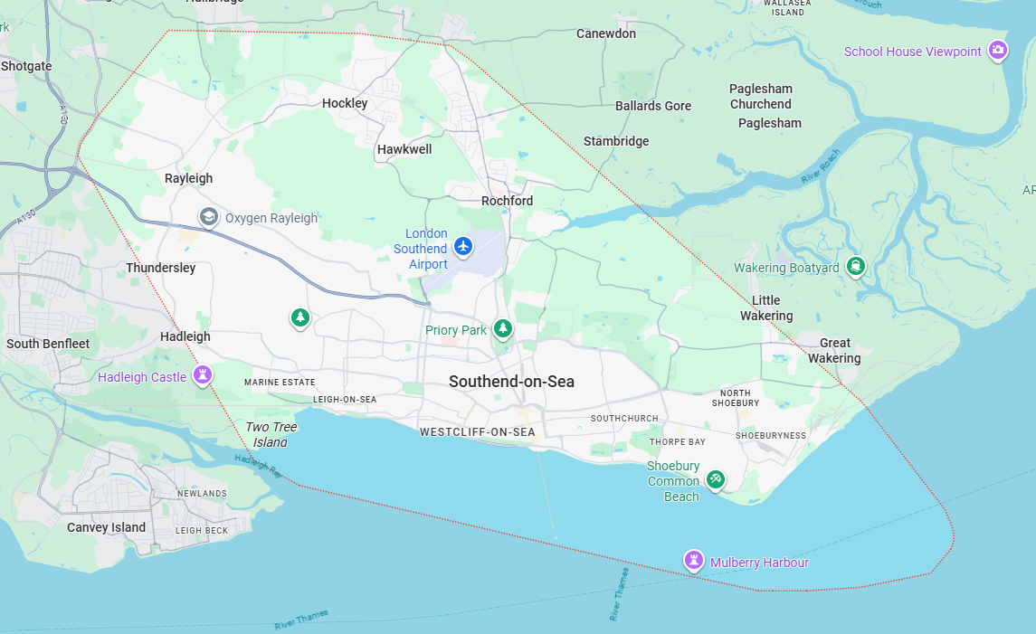 Map of areas covered including Westcliff, Southend and Leigh-on-Sea